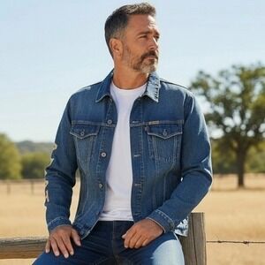 Ariat Mens Western 90s Work Trucker Jacket Sz XXL Blue Denim Logo Richford NWOT